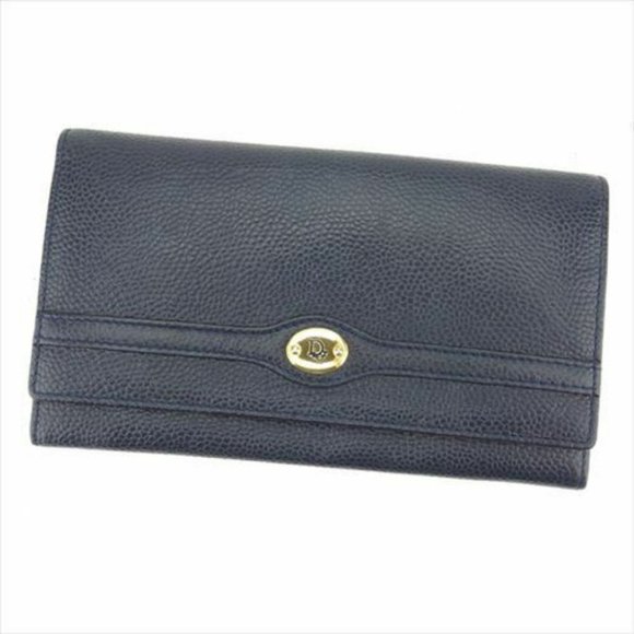 Authentic Dior Wallet Purse Long Wallet Navy Gold Embossed leather Woman unisex - Picture 1 of 8